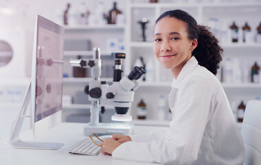 Computer, science and portrait of woman in laboratory for research, pharmacy and medical....