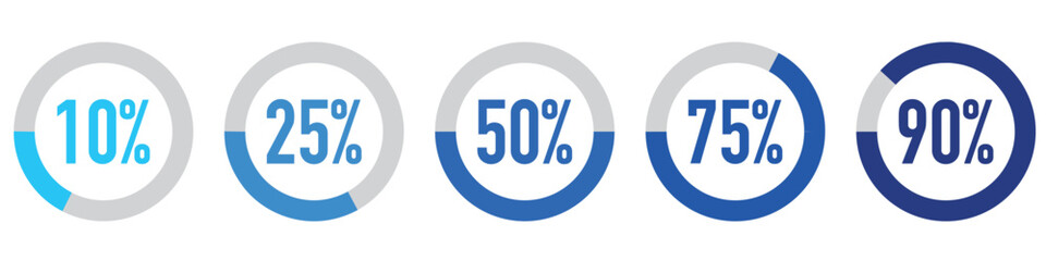 Set of colorful infographic percentage piecharts / segment of hole circle icons 0% - 100%, simple flat design loading data interface elements app button ui ux web, vector isolated on white background 