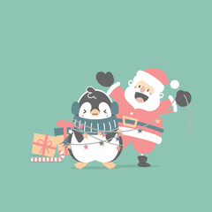 merry christmas and happy new year with cute santa claus and penguin in the winter season green background, flat vector illustration cartoon character costume design