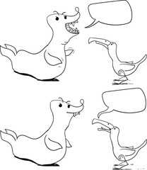 Funny nosed and toothy seal communicates with an albatross or a seagull.