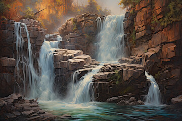 Oil painting a cascading waterfall, showcasing the movement of water and capturing every intricate detail of the rocks Generate by AI