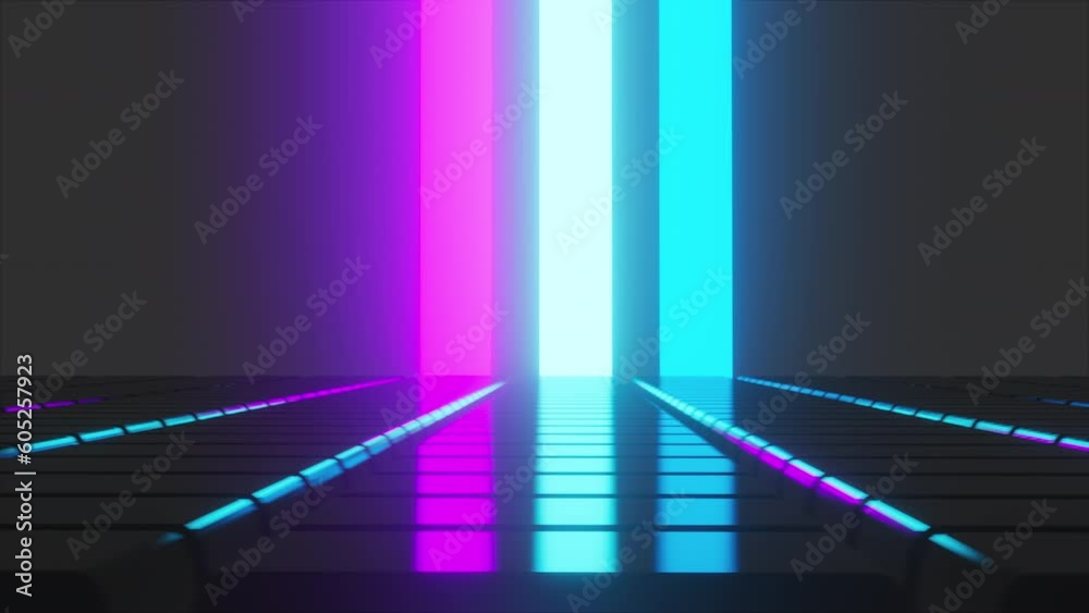 Poster black grid cubes with colorful neon lines. computer generated 3d render
