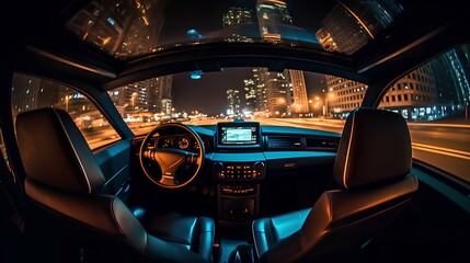 Car interior panoramic night shot in motion Generative AI