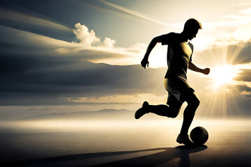 Fototapeta na wymiar A soccer player silhouette kicks a ball 