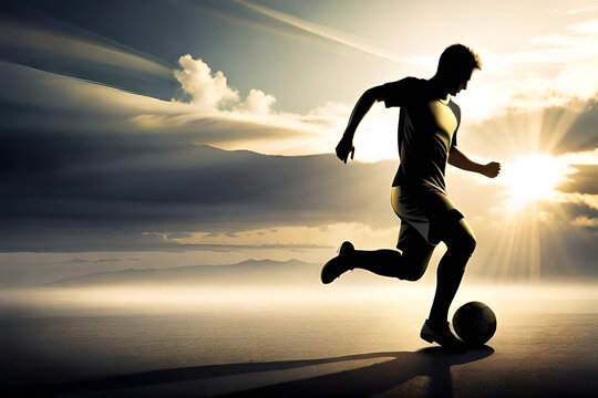 A soccer player silhouette kicks a ball 