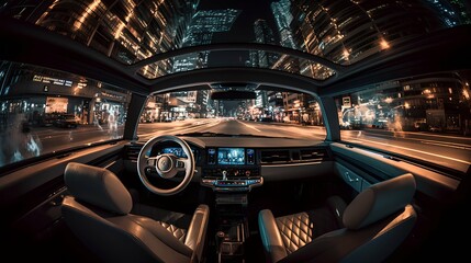 Car interior panoramic night shot in motion Generative AI