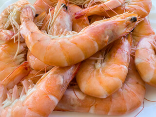 Shrimps on plate. Seafood tiger shrimp delicious. Cooked shrimps, top view. Prepared shrimp in...