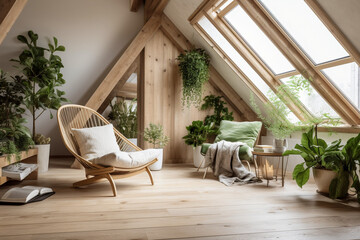 Obraz premium Modern cozy living room, eco interior design with beige colors and plants. Super photo realistic background, generative ai illustration