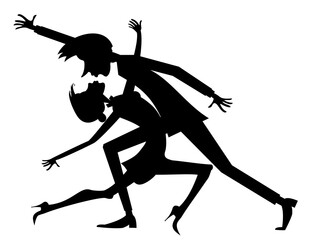 Romantic dancing young couple. Art silhouette. 
Funny dancing young man and woman. Black and white
