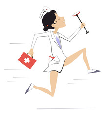 Smiling doctor woman runs to render the medical aid illustration. 
Cartoon hurry doctor woman with a doctor bag and endoscope. Isolated on white background
