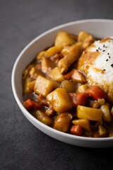 Vertical shot of delicious Japanese curry in a white ceramic bowl with a plenty of copy space