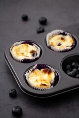Appetizing image of four delicious blueberry muffins served on a black plate