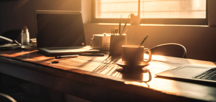 a photo of a laptop on a desk with coffee cups