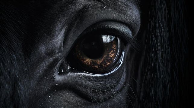Spellbinding closeup portrait of horse, minimalist, eternal melancholy, in the style of avantgarde fashion photography, dramatic firefly light, black on black, illustration created with ai