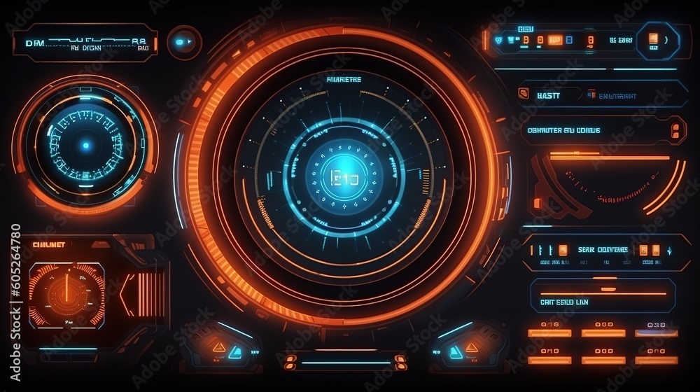 Fototapete Set of Sci Fi Modern User Interface Elements.Hud,GUI for game background design. Technology background. Digital data. Generative AI