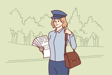 Woman postman delivers newspapers and fresh press with news or letters for residents of city. Young girl in postman cap holds bag for letters or parcels and works in postal service.