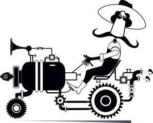 Farmer driving tractor.
Cartoon smiling farmer driving tractor in countryside. Black and white illustration
