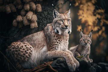 Lynx with cub in natural habitat. Generative AI
