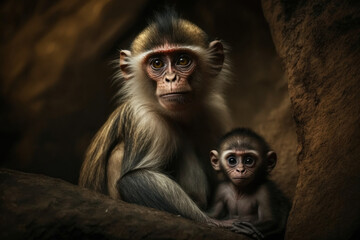 Monkey with cub in natural habitat. Generative AI
