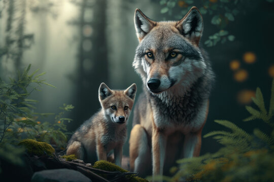 Wolf with cub in natural habitat. Generative AI