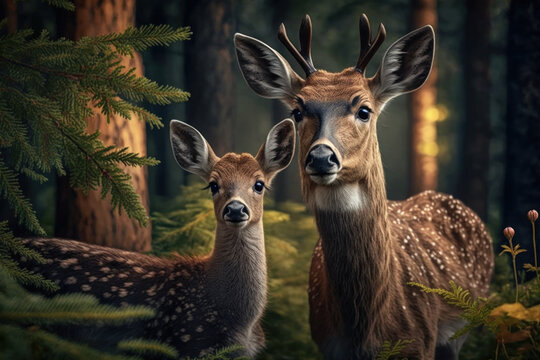 Deer with cub in natural habitat. Generative AI