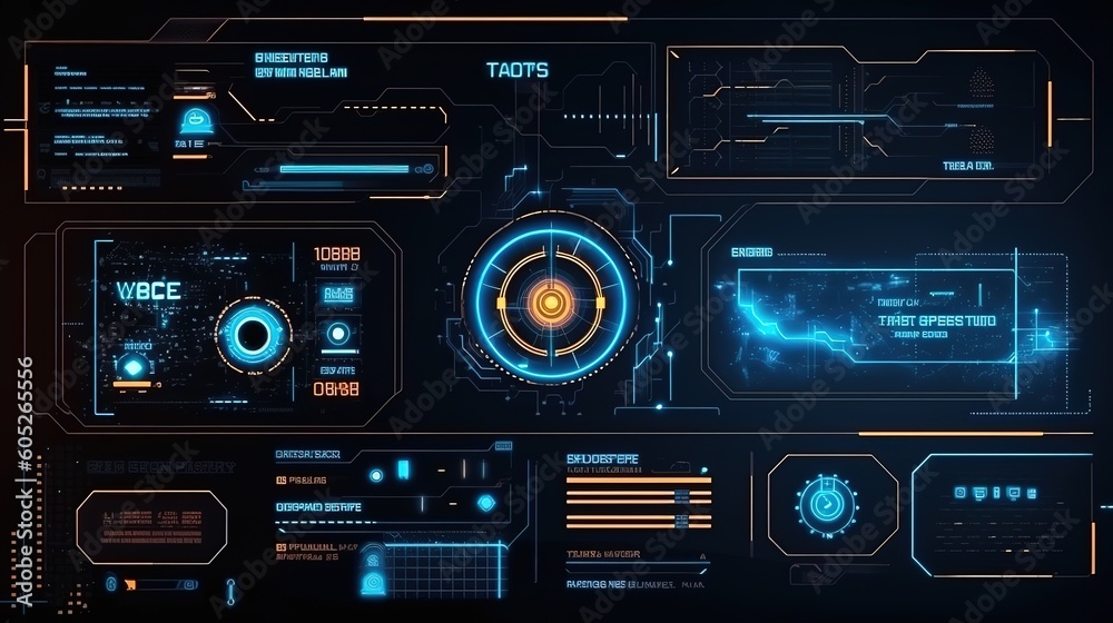 Poster Abstract technology ui futuristic concept hud interface hologram elements of digital data chart.Hud,GUI for game background design. Technology background. Digital data. Generative AI