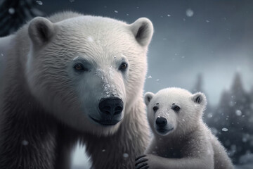 Mother and baby Polar bear in Antarctica, Generative AI