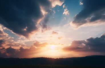 Fototapeta na wymiar dramatic evening sky with clouds and rich sunny light, Generative AI