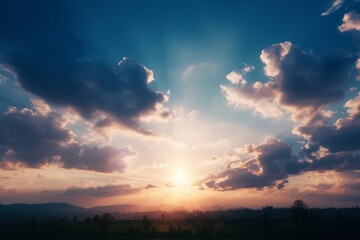 Fototapeta na wymiar dramatic evening sky with clouds and rich sunny light, Generative AI