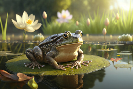 Close frog in summer pond with white water lily, AI Generative