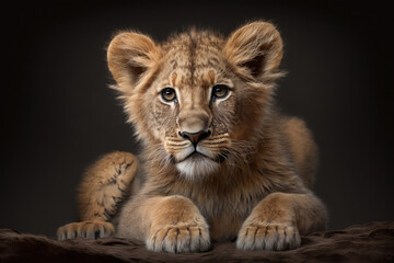 Obraz na płótnie Canvas Portrait of a baby lion on a dark background, Generative AI