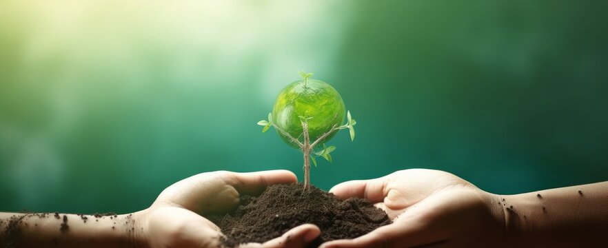 ESG concept: tree planting growing green earth on volunteers hands and isolate green light background. Elements of this image furnished by NASA, Generative AI