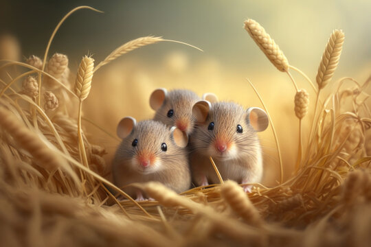 Cute field mice on wheat background. AI Generative