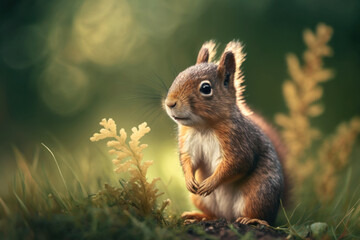 Baby squirrel in spring green grass with flowers. Generative AI