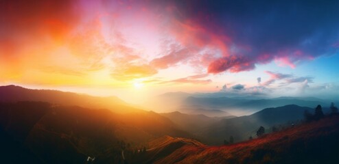 Amazing panorama mountain with Colorful sky and Dramatic Sunset, Generative AI