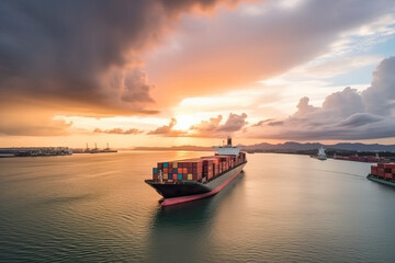 Naklejka premium Container ship that transports containers in import and export. Global business freight forwarding, commercial trade, logistics and overseas shipping around the world by container ship. Generative AI
