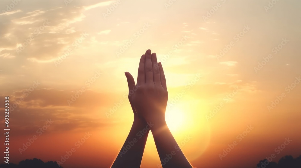Wall mural Human hands open palm up worship god on Sunset background with cross on white, Generative AI - Wall murals