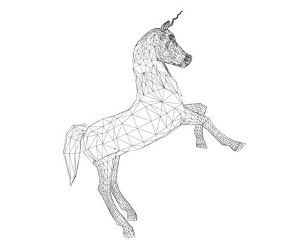 Wireframe abstract image unicorn in the form of lines, consisting of triangles and geometric shapes. Low poly vector background.