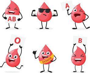 Happy healthy smiling blood drop cartoon character set isolated on white background