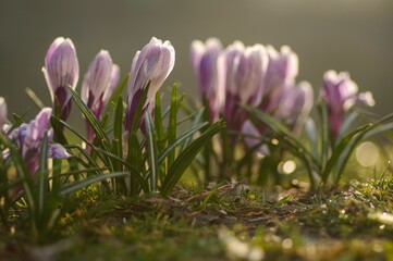 Selective focus shot of the saffron crocus growing in the garden on a sunny day with blur background