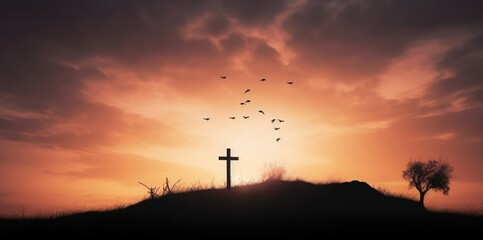Fototapeta na wymiar Religious concept: Silhouette cross and birds flying on sunrise background, Generative AI