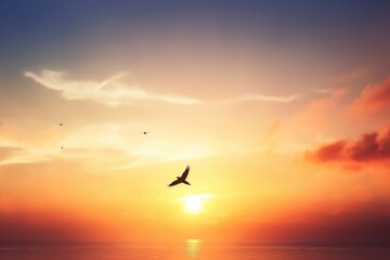 Fototapeta na wymiar Flying bird at sunset sky background, Generative AI