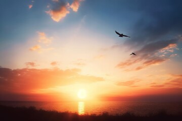 Fototapeta premium Flying bird at sunset sky background, Generative AI