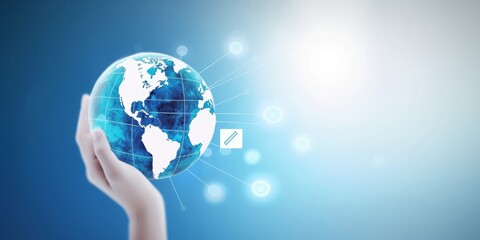 Earth Day concept, Earth wearing a mask abd virtual plus medical network connection icons on blurred blue nature background. Generative AI