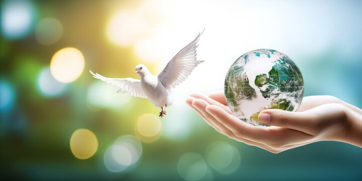 world environment and earth day, hands holding earth globe and Peace dove over blurred nature background. Elements of this image furnished by NASA, Generative AI