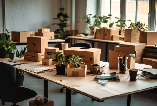 desk in the office full with boxes and plants