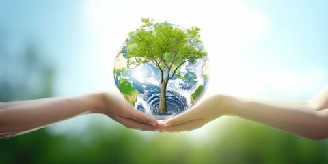 world environment and earth day, Two human hands holding big tree and earth globe over green and blue sky nature background. Elements of this image furnished by, Generative AI