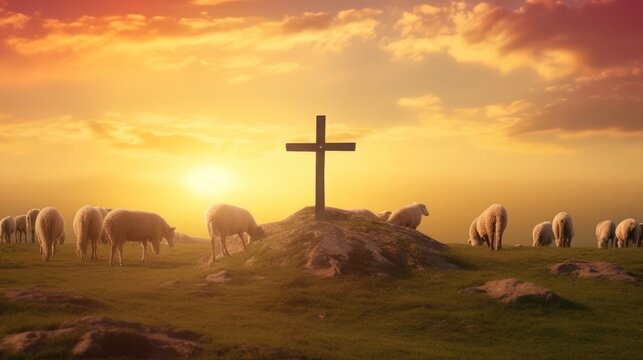 Flock of sheep on cross of Jesus christ and sunset background, Generative AI