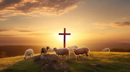 Foto op Plexiglas Flock of sheep on cross of Jesus christ and sunset background, Generative AI © Pooja