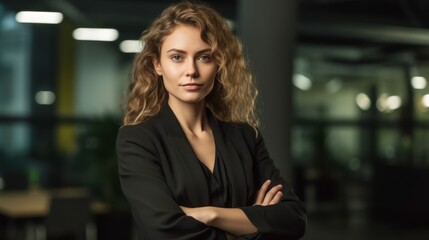 Fototapeta premium Confident Businesswoman Posing with Crossed Arms in Office Setting. Generative AI.